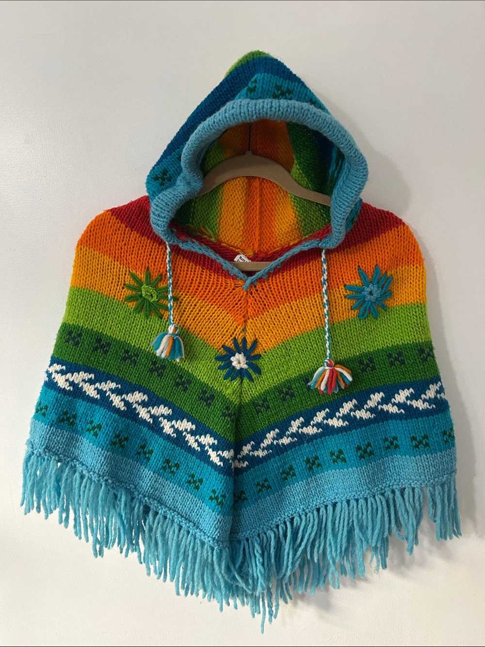 Made in Ecuador Kid's Colorful Wool Poncho Handmade with Fringe and Hood